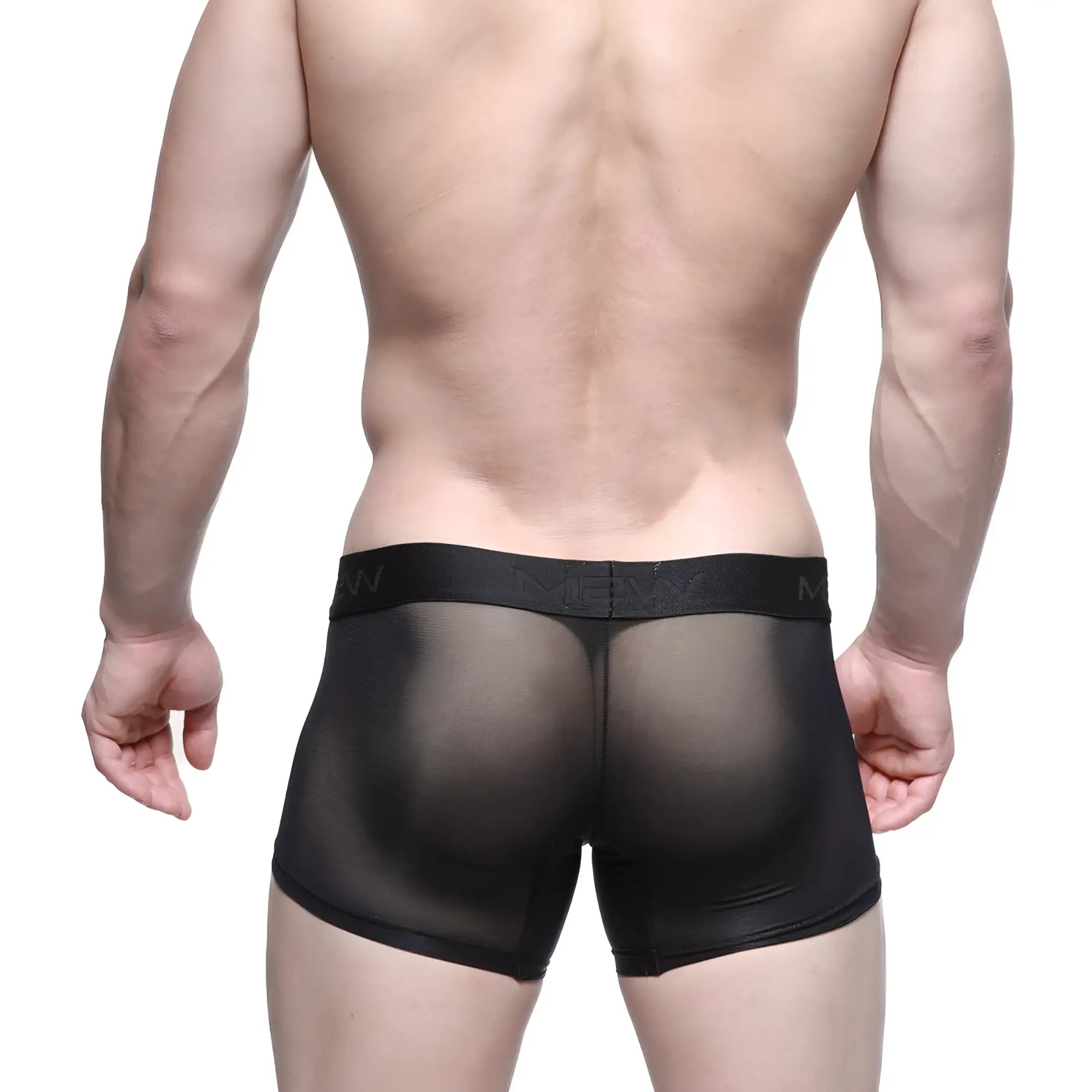 Black sheer mesh boxer briefs with solid black elastic waistband and men logo from MetroMaleWear short boxer senda 7 2022-74