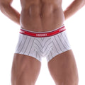 White boxer briefs with black vertical stripes and a red asuv waistband from MetroMaleWear short boxer stripe 7 2022-71