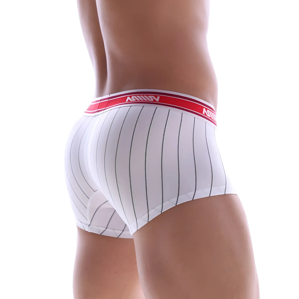 White men’s briefs with black vertical stripes and a red vivi waistband from metro malewear short boxer stripe 7 2022-71