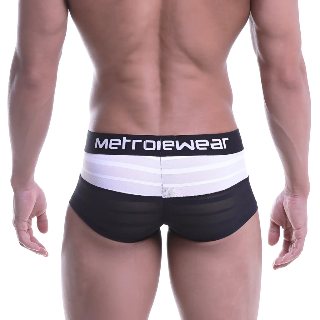 Black and white striped men’s briefs with mesh fabric waistband featuring metrowear brand name metroamalewear short boxer stripe black 2026-30