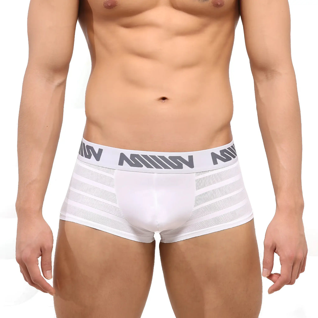 White men’s boxer briefs metro male wear short boxer stripe 2026-53 with gray logo waistband and mesh side panels