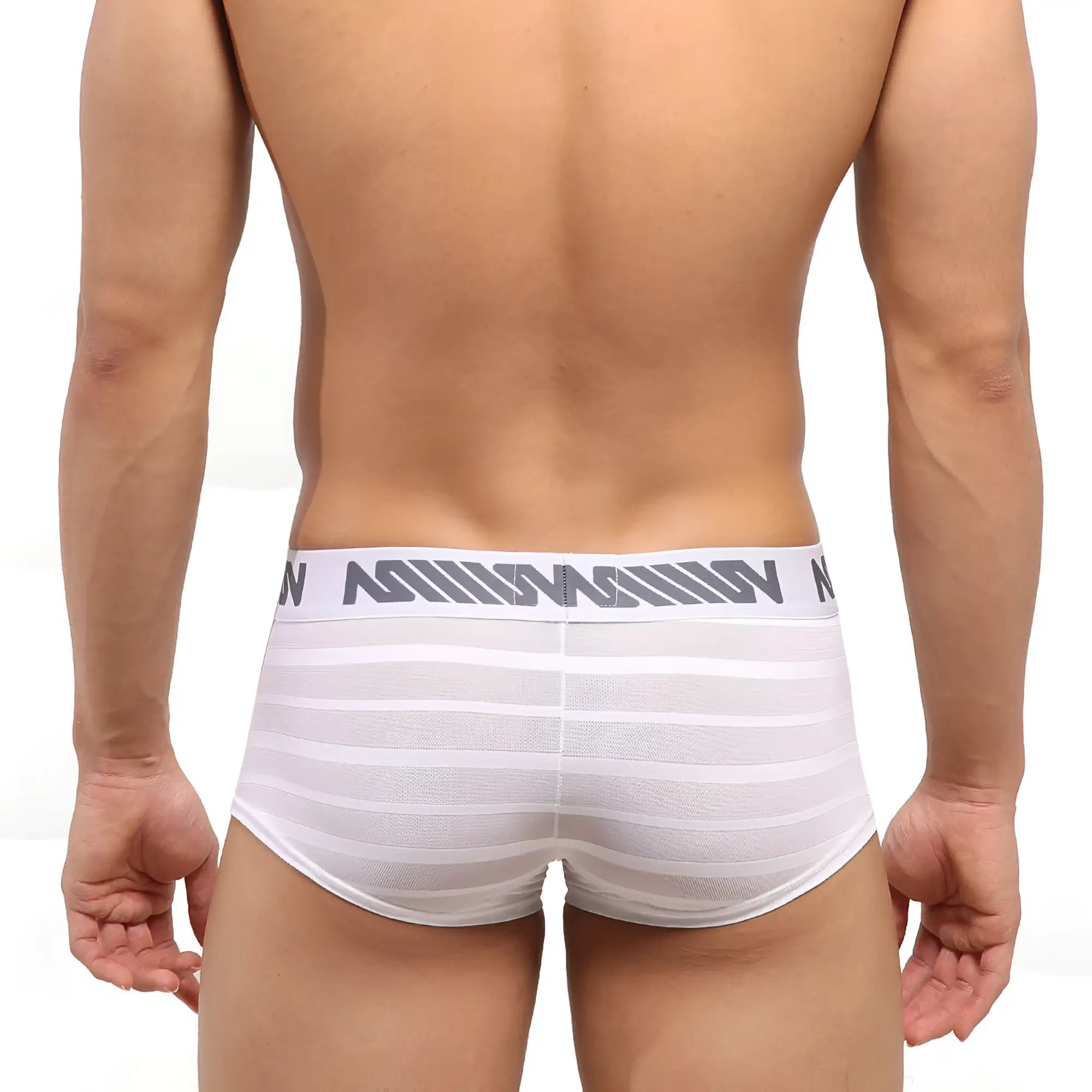MetroMaleWear short boxer stripe white mesh briefs with white stripes and gray elastic waistband with logo pattern