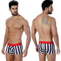 Navy and white striped MetroMaleWear short boxer briefs with a red elastic waistband tension 7 inch 2022-41