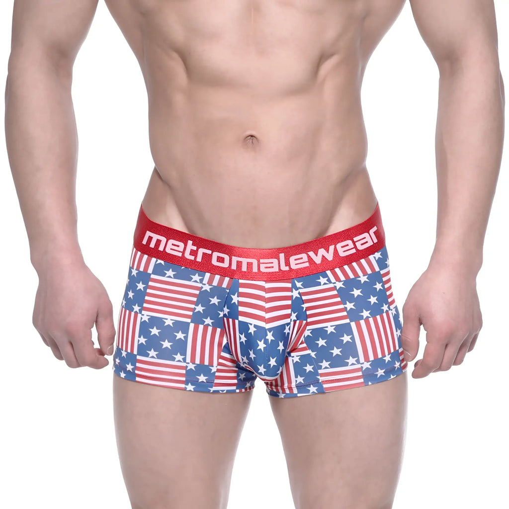 Red white and blue american flag patterned briefs with red elastic waistband branded metromalewear short boxer usa 7 2022-92