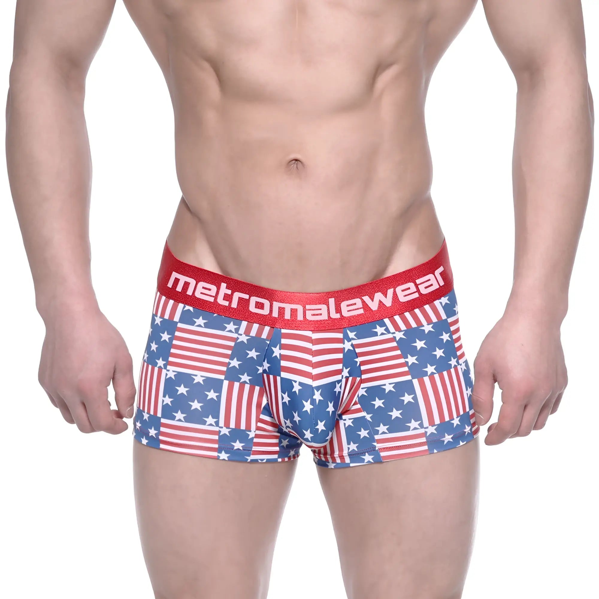 Red white and blue american flag patterned briefs with red elastic waistband branded metromalewear short boxer usa 7 2022-92
