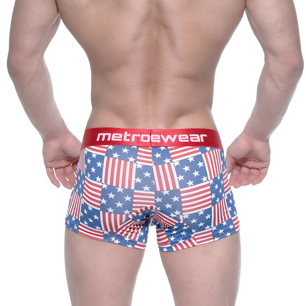 Men’s metro male wear short boxer briefs with red white and blue american flag patchwork and red metrowear waistband