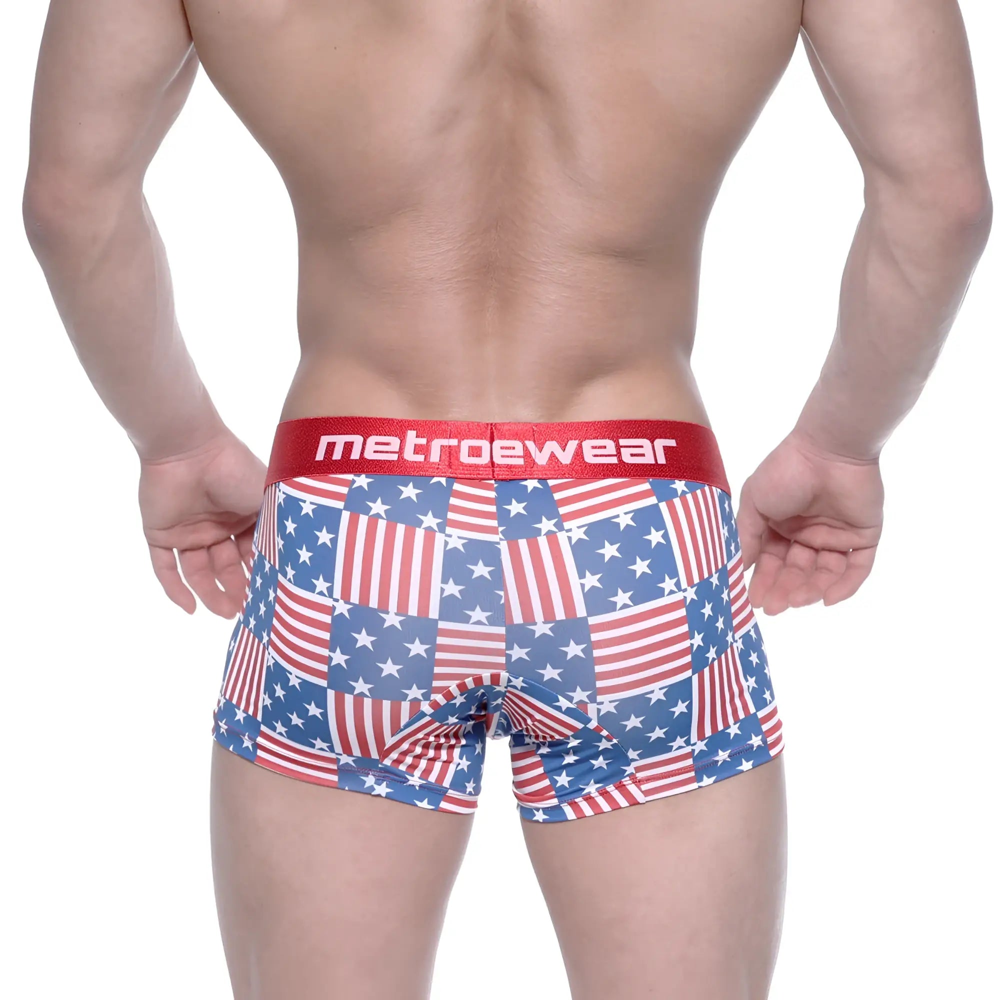 Men’s metro male wear short boxer briefs with red white and blue american flag patchwork and red metrowear waistband