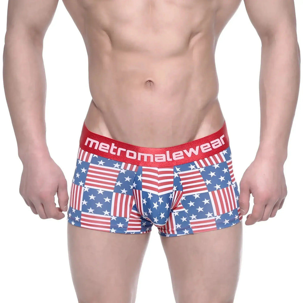 Red white and blue american flag patterned briefs with red elastic waistband branded metromalewear short boxer usa 7 2022-92
