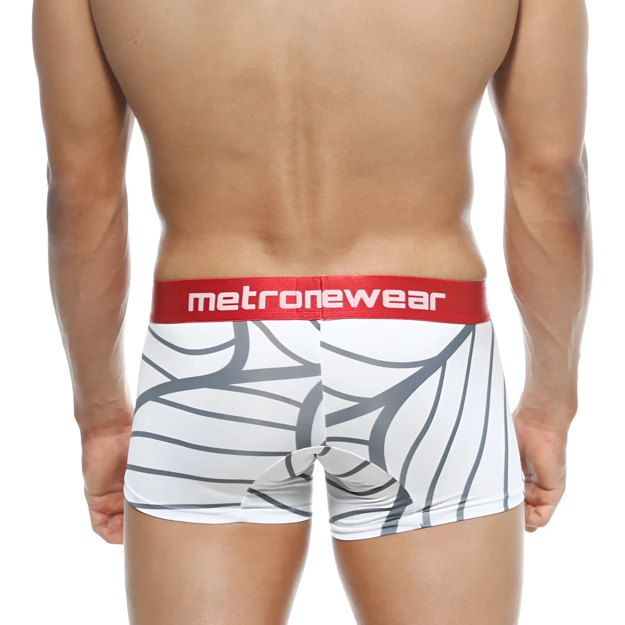 White boxer briefs with gray abstract leaf pattern and red metronewear waistband metroMalewear short boxer 7 inch
