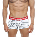 White men’s briefs with gray leaf patterns and red waistband with metromalewear logo metro male wear short boxer web 7-inch