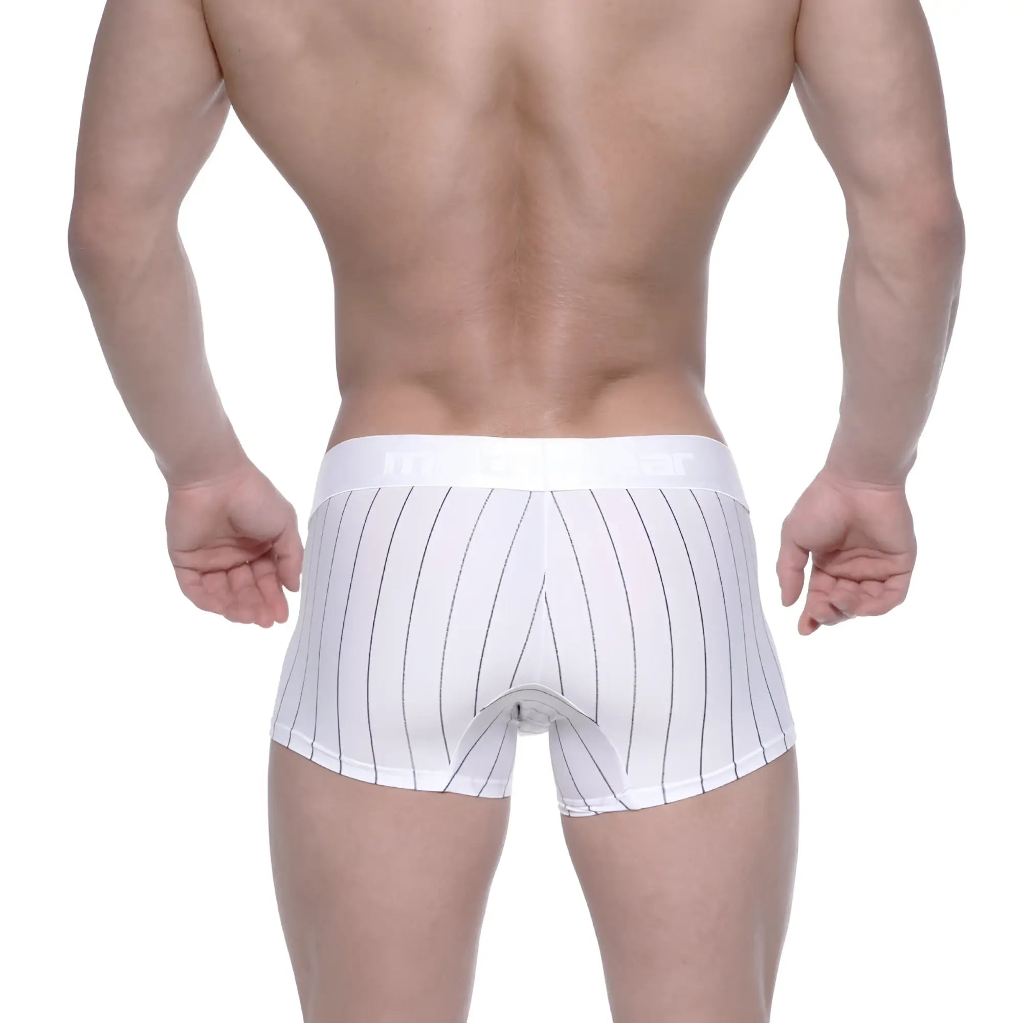 White boxer briefs with thin black vertical stripes and matching waistband metroMalewear short boxer white stripe 7 inch
