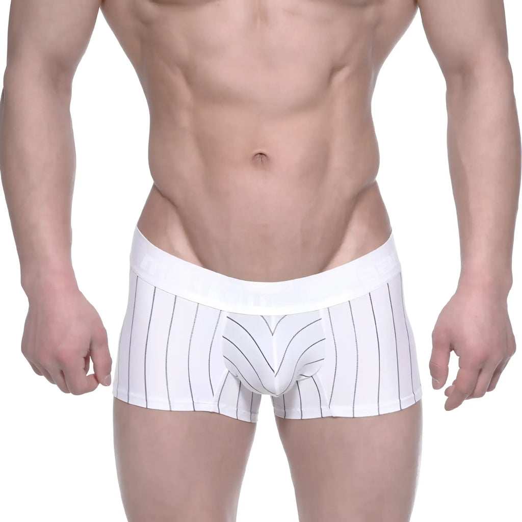 White boxer briefs with thin black vertical stripes and matching white elastic waistband metroMalewear short boxer 7 inch