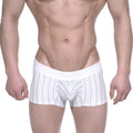 White boxer briefs with thin black vertical stripes and matching white elastic waistband metroMalewear short boxer 7 inch