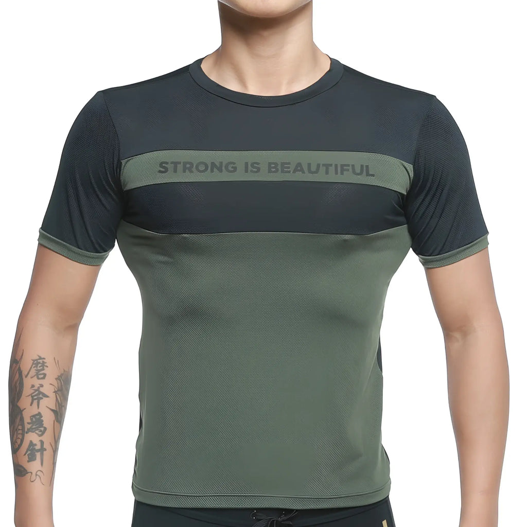 MetroMalewear SIB tank top green dark green and black athletic short sleeve tee with chest mesh panel and strong is beautiful text