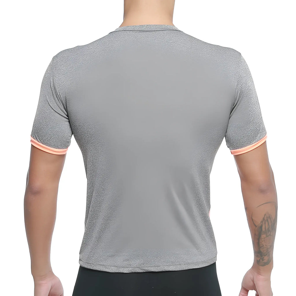 MetroMaleWear sib tank top orange 4127-14 is a gray heathered short-sleeved athletic shirt with peach trim on cuffs