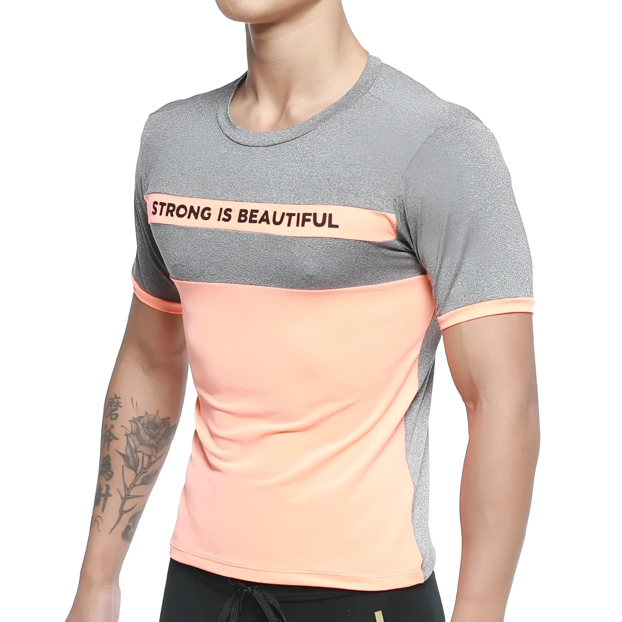 Gray and peach color-blocked MetroMaleWear SIB tank top with strong is beautiful print designed for athletic wear