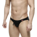 Black satin swim trunks with drawstring waistband and small red logo by MetroMaleWear Silicon swim bikini black 4955-20