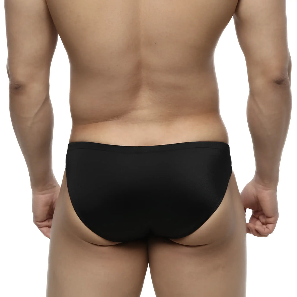 Black metro malewear silicon swim bikini briefs with smooth form-fitting design and sleek swimwear material