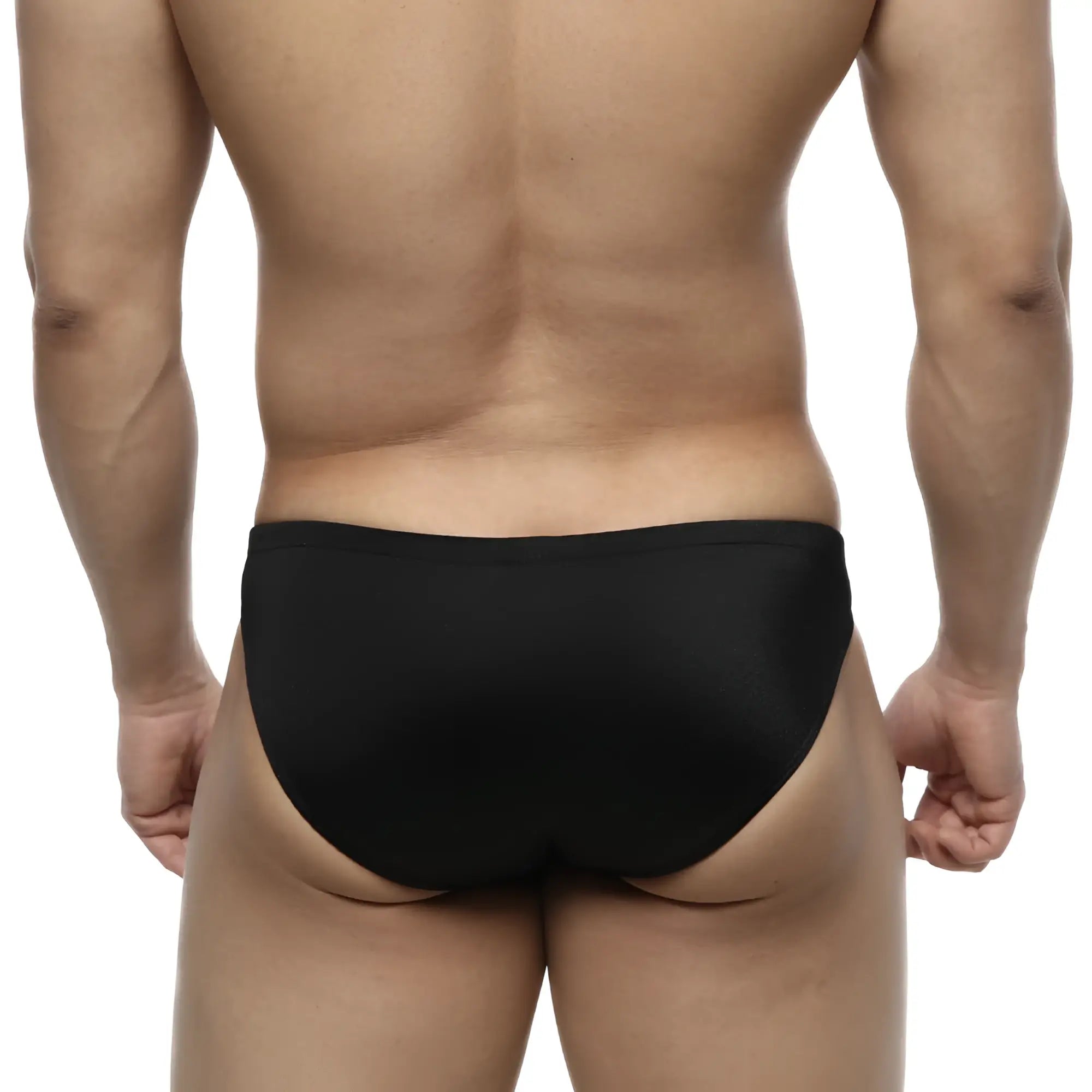 Black metro malewear silicon swim bikini briefs with smooth form-fitting design and sleek swimwear material