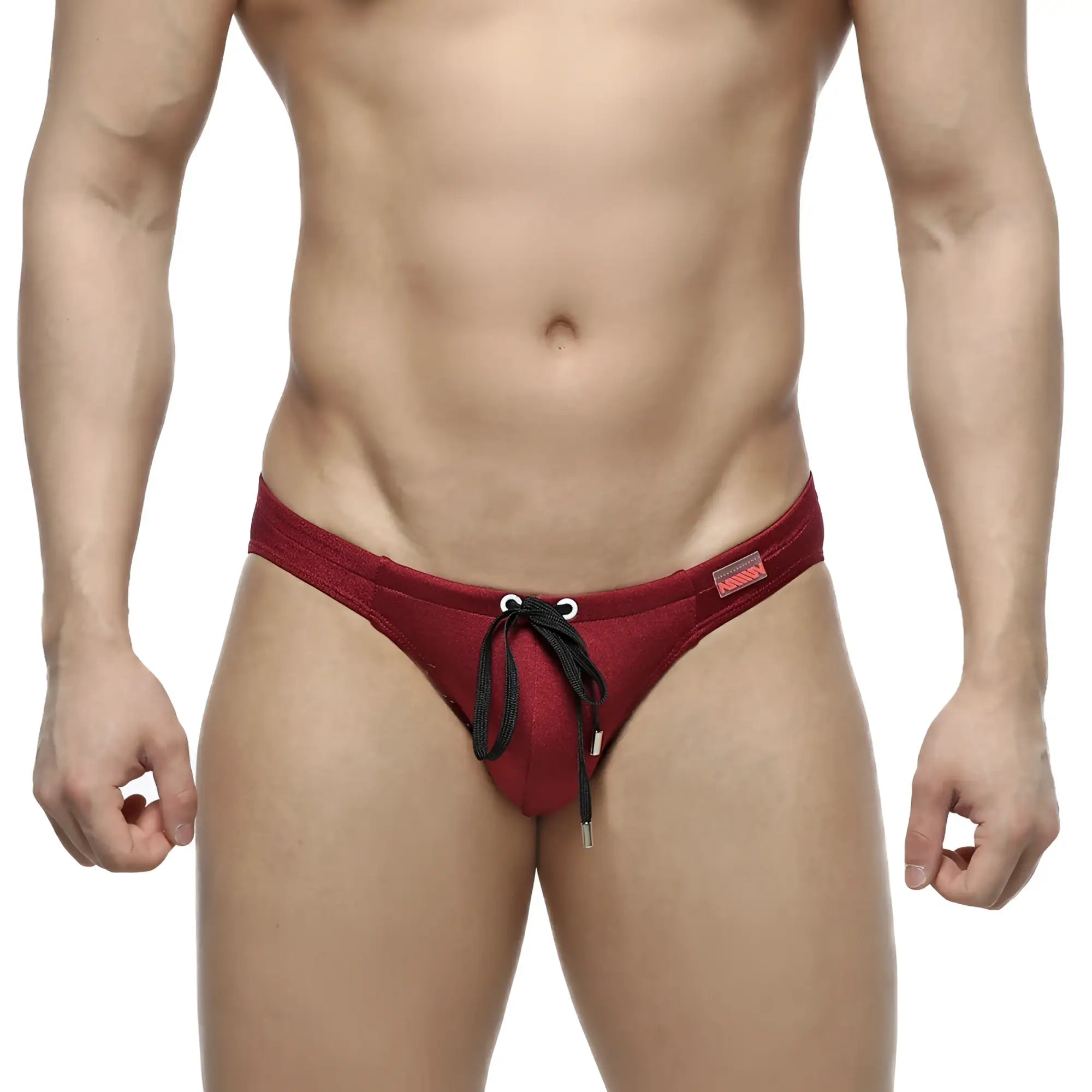 MetroMalewear silicon swim bikini burgundy red mesh swim trunks with black drawstring ties for swimming