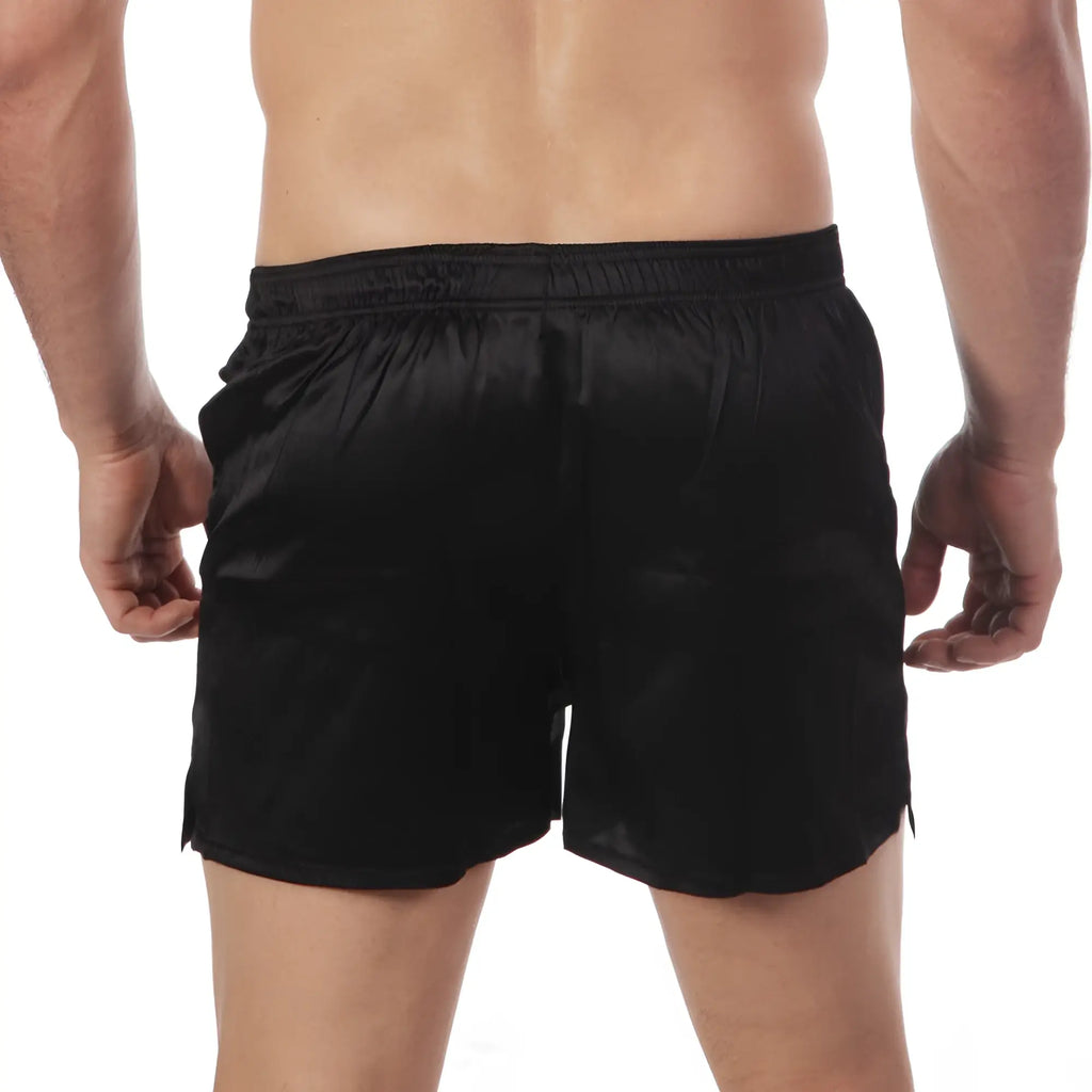 MetroMaleWear silk satin boxer black S33-20 features smooth glossy black satin shorts with elastic waistband