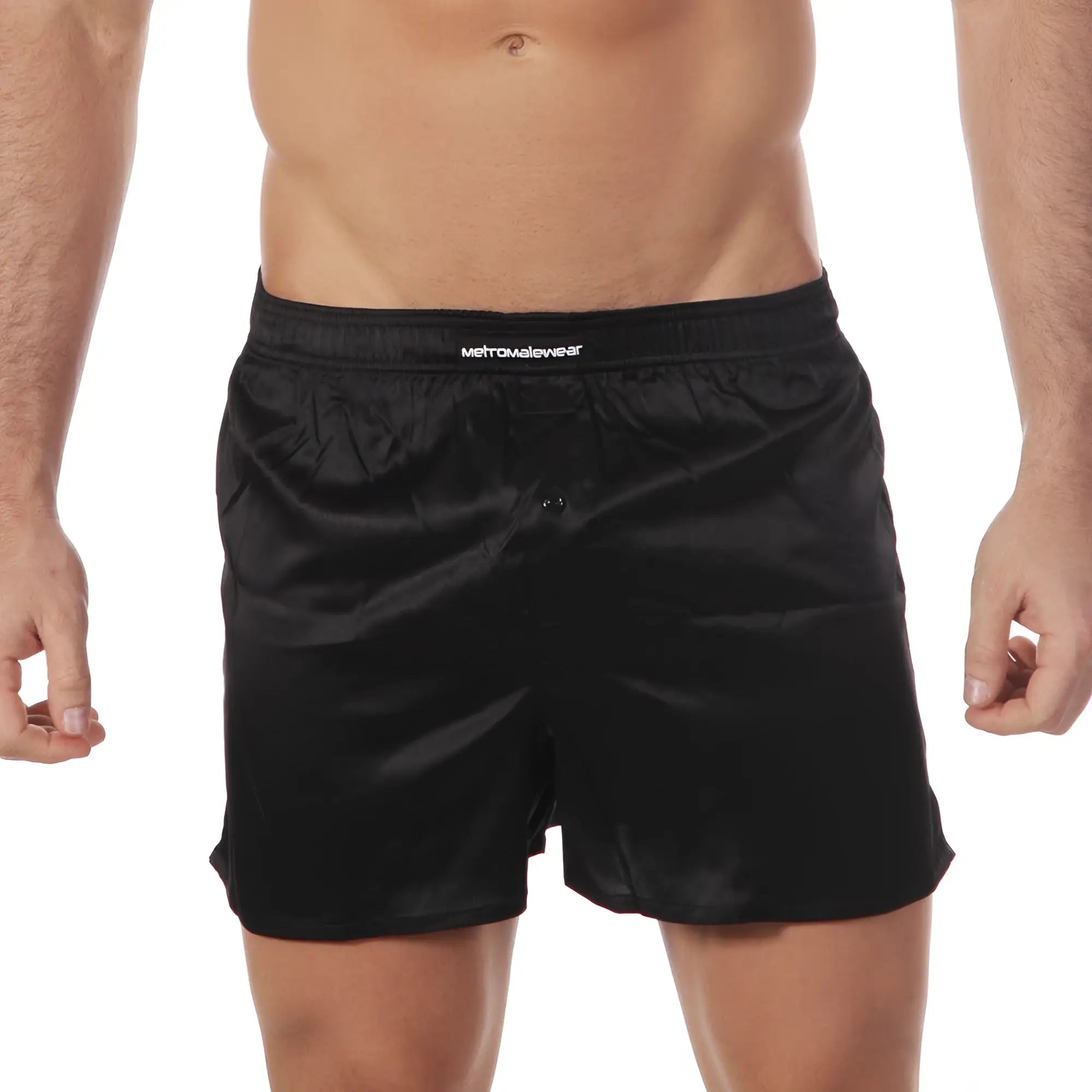 Black satin boxer shorts with subtle sheen and metromalewear embroidered waistband metro malewear silk satin boxer black s33-20