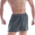 Dark gray cotton boxers with black elastic waistband metromalewear label and front button from metro malewear silk satin boxer khaki s33-26