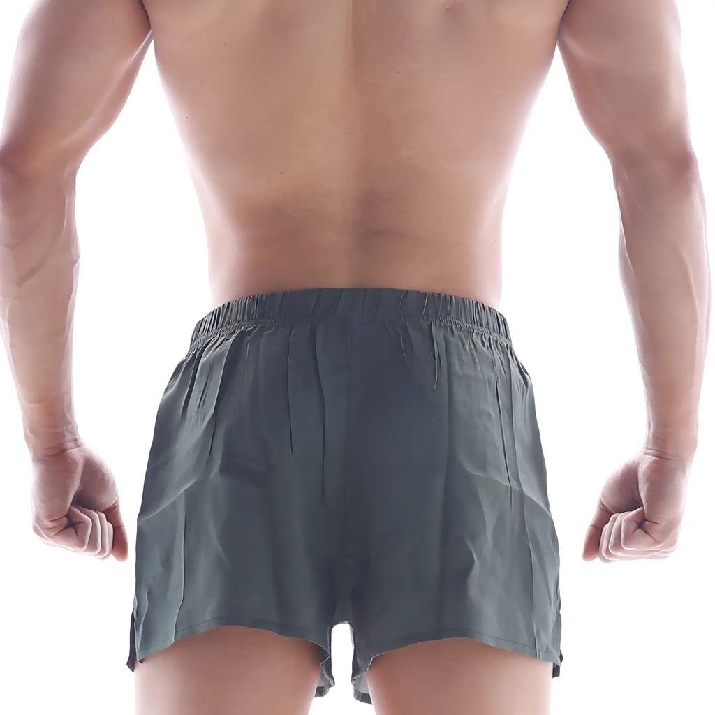Dark gray lightweight silk satin athletic shorts with elastic waistband from MetroMaleWear in model Khaki S33-26