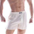 White cotton boxer shorts with button closure and elastic waistband featuring metromail label from MetroMaleWear silk satin boxer nude s33-01