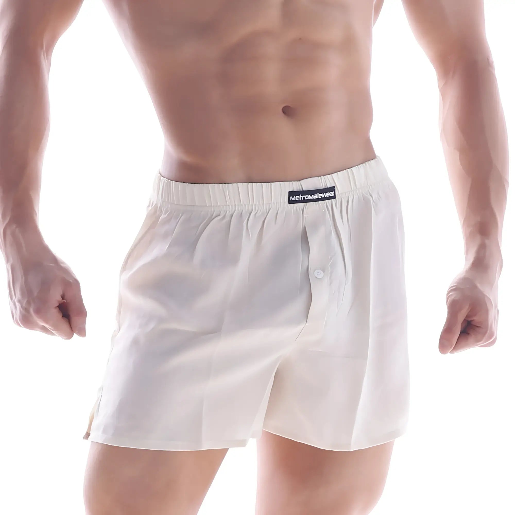 White cotton boxer shorts with button closure and elastic waistband featuring metromail label from MetroMaleWear silk satin boxer nude s33-01