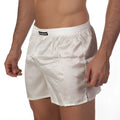 White satin boxer shorts by metromalewear with black brand label on waistband silk satin material s33-00 model