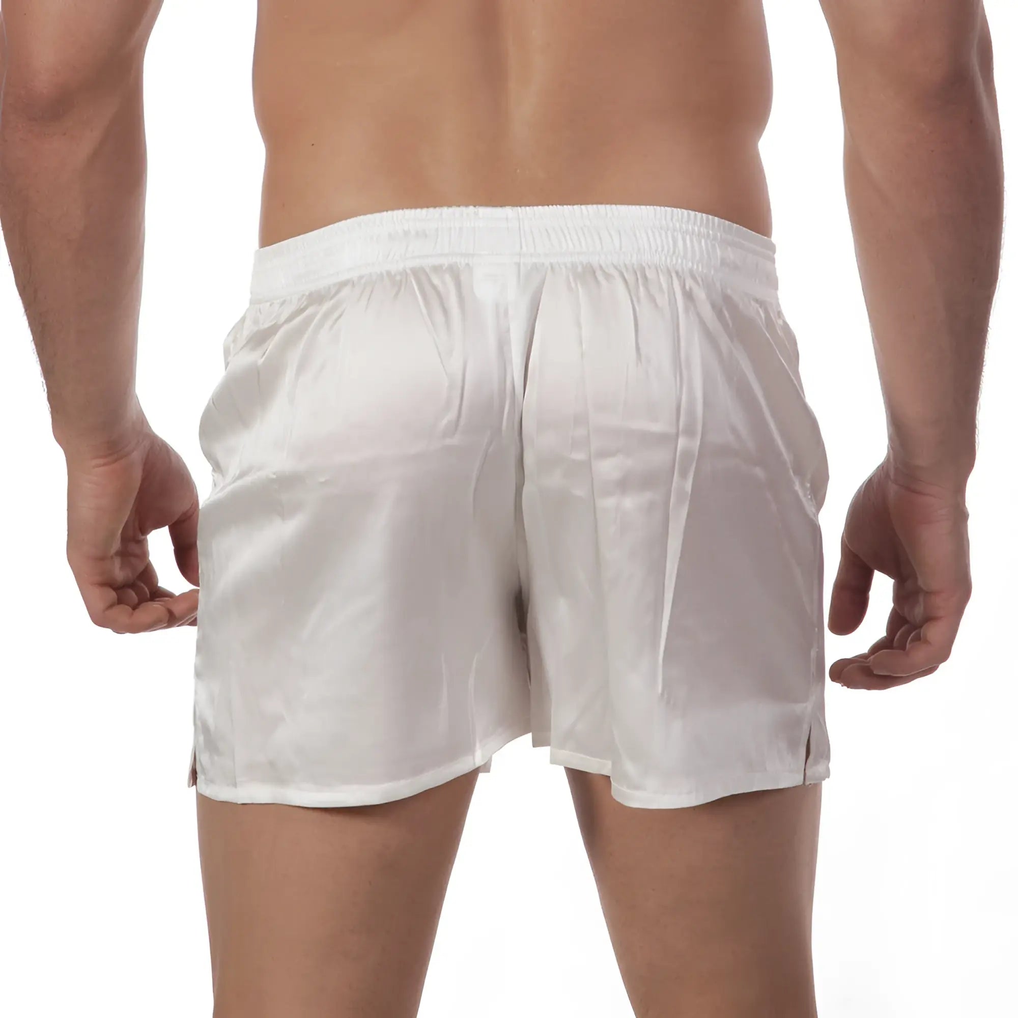 MetroMaleWear silk satin boxer white S33-00 features white satin shorts with smooth shiny finish and elastic waistband