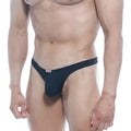 Black mens silk thong with small red and white metro male wear brand tag on waistband in black 4102-20