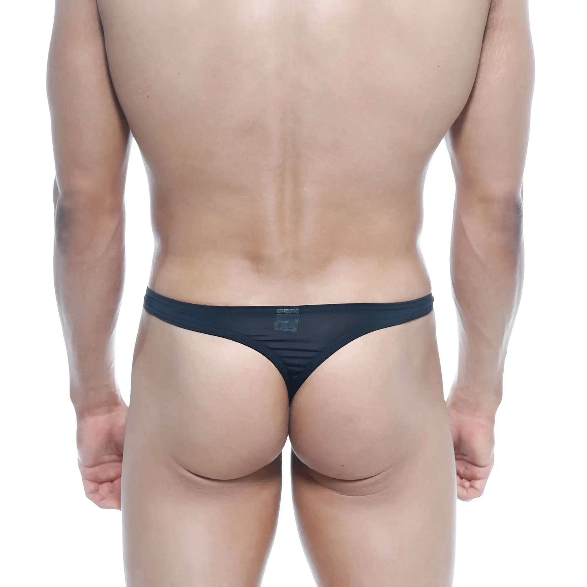 Back view of metromalewear silk black thong featuring black mesh with subtle textured pattern and center brand tag