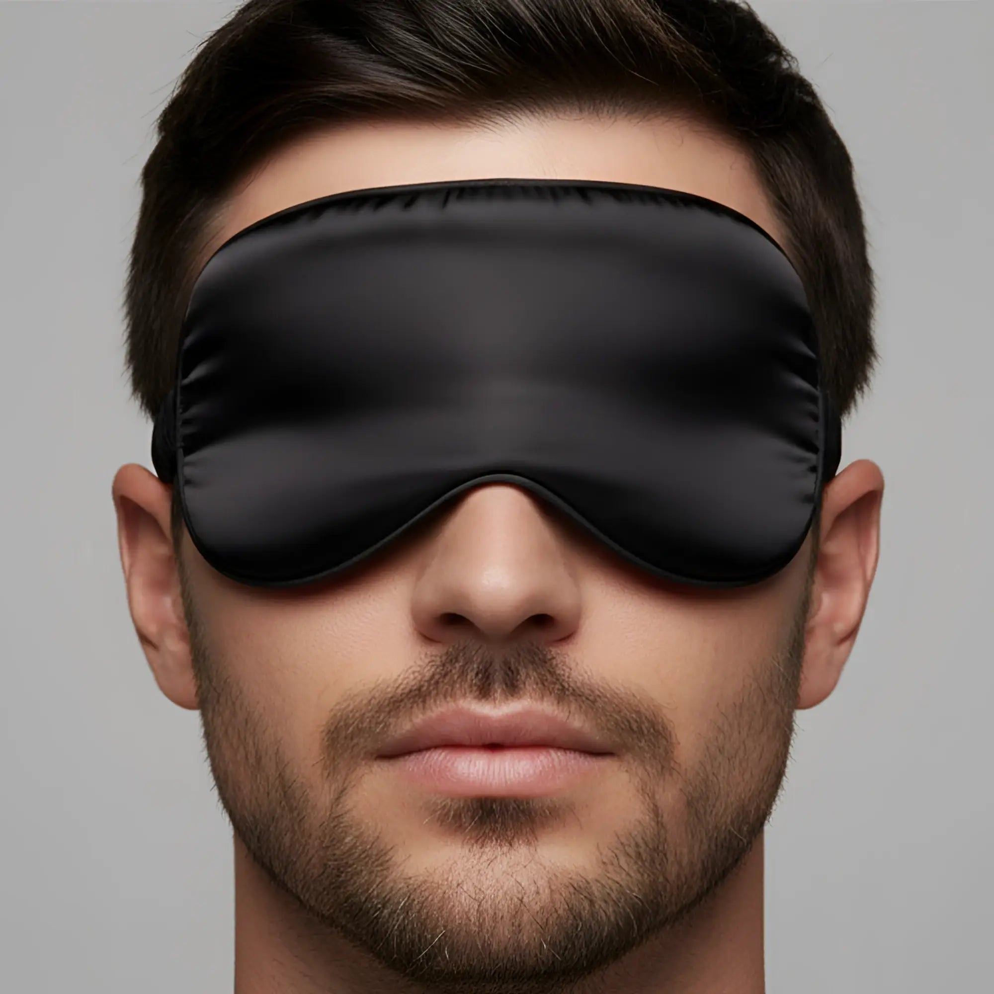 Black satin sleep mask with smooth glossy finish and elasticized edges by MetroMaleWear for comfortable night use