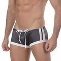 MetroMaleWear silver swim boxer charcoal gray trunks with white side stripes and matching drawstring waistband