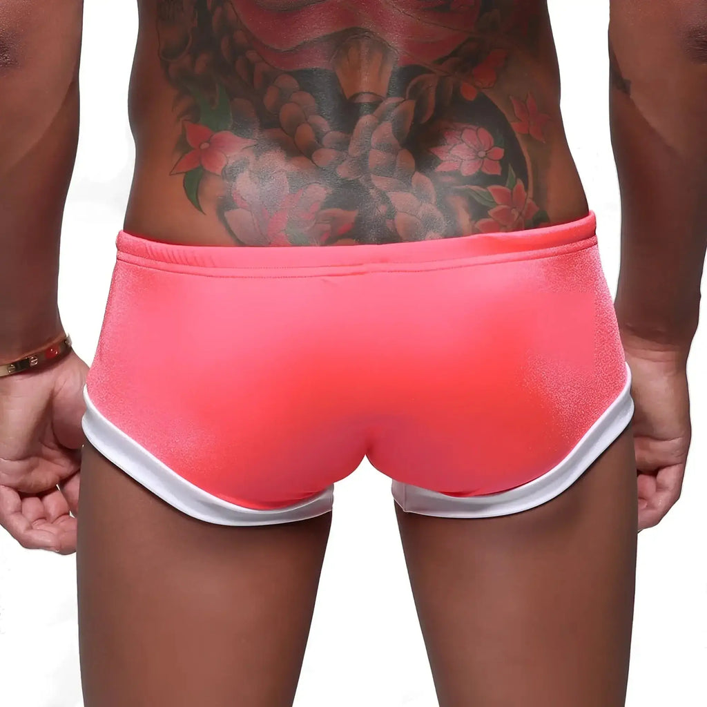 MetroMaleWear silver swim boxer in neon pink with bright pink fabric and white trim for stylish beachwear