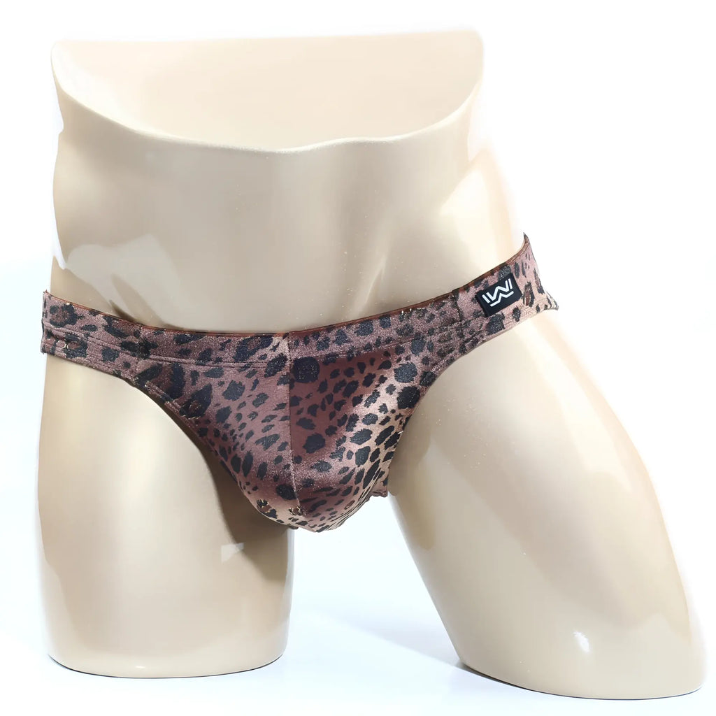 MetroMaleWear Silvestre Bikini 5103-M23 leopard print men briefs in mauve and black satin with branded waistband patch