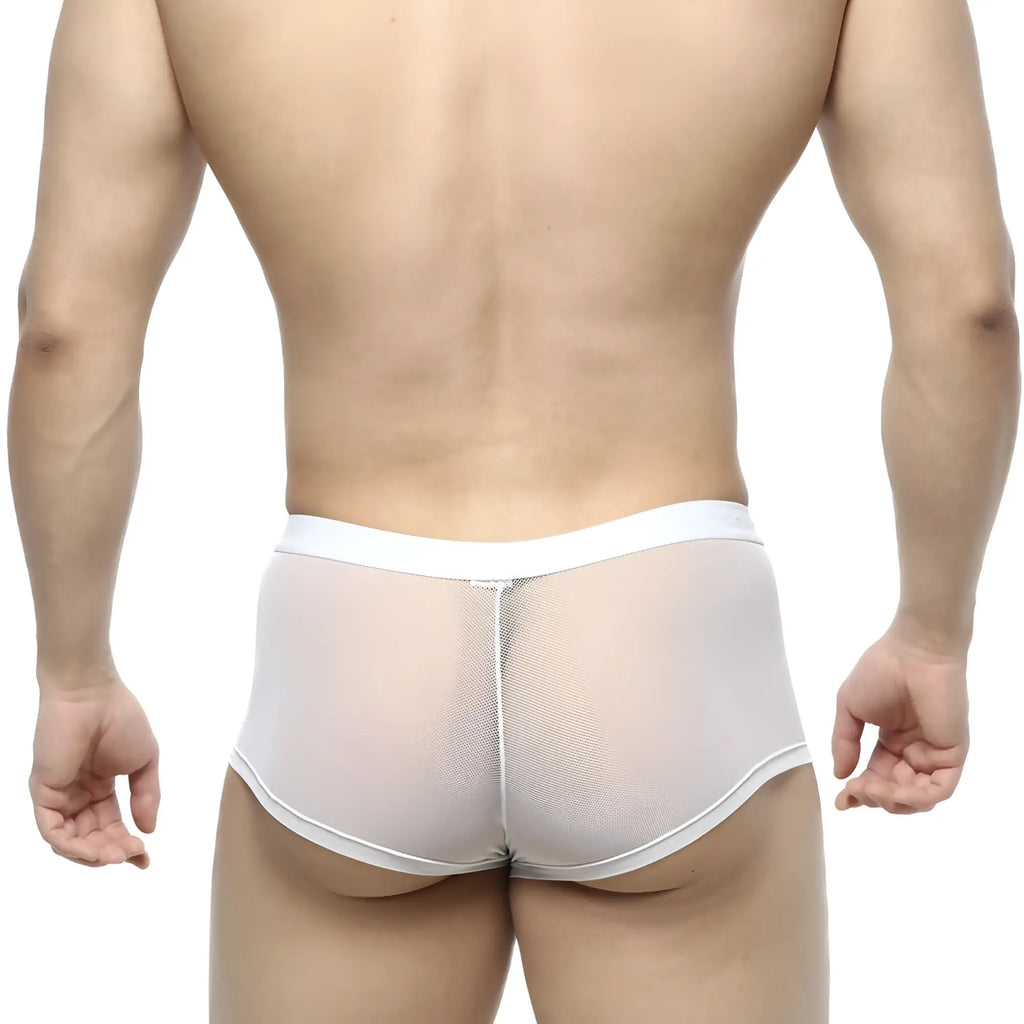 White mesh briefs with a solid white waistband from metromalewear simple trunk 1033-00 for comfortable daily wear