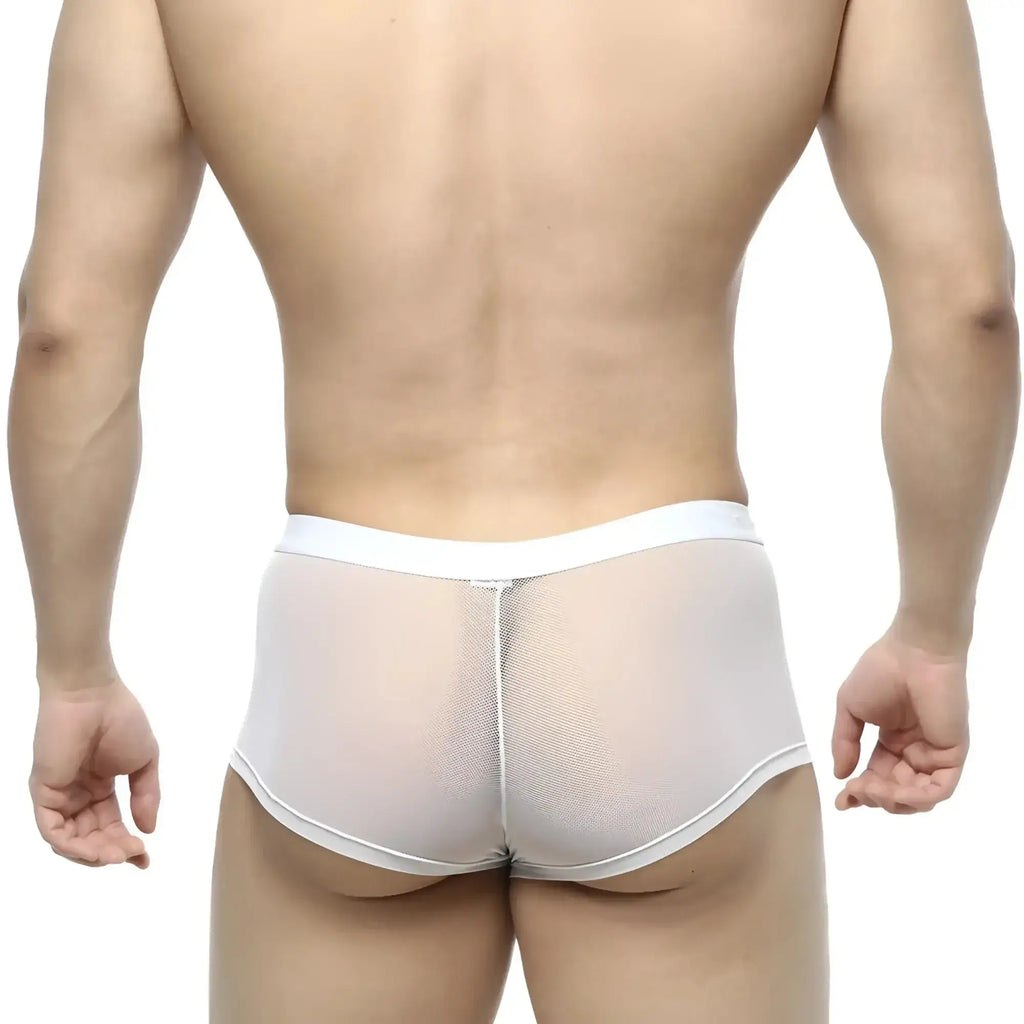 White mesh briefs with a solid white waistband from metromalewear simple trunk 1033-00 for comfortable daily wear