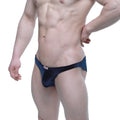 Navy blue velvet MetroMaleWear Sindbad bikini briefs with a small red and white brand tag on the waistband