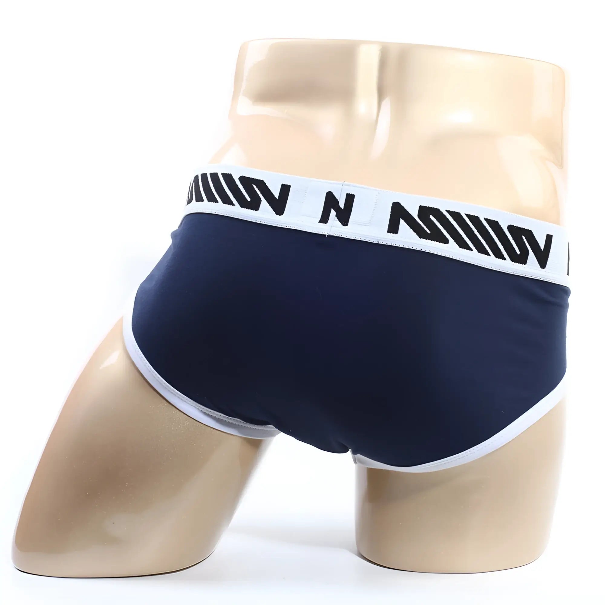 Navy blue MetroMaleWear Sistonia hip briefs with white trim and bold black logo waistband band 5003-17