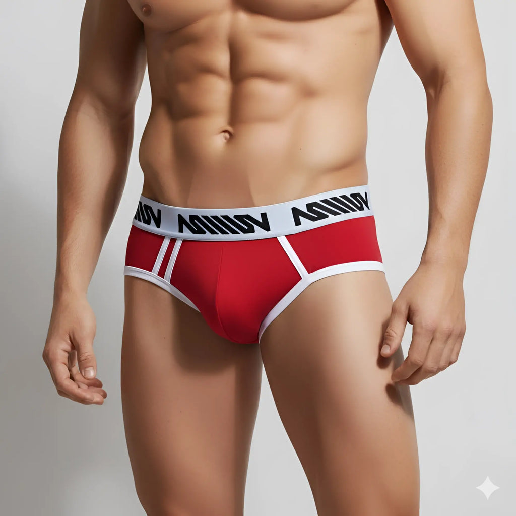 MetroMaleWear Sistonia hip brief red with white trim and black logo band designed for men’s comfortable wear