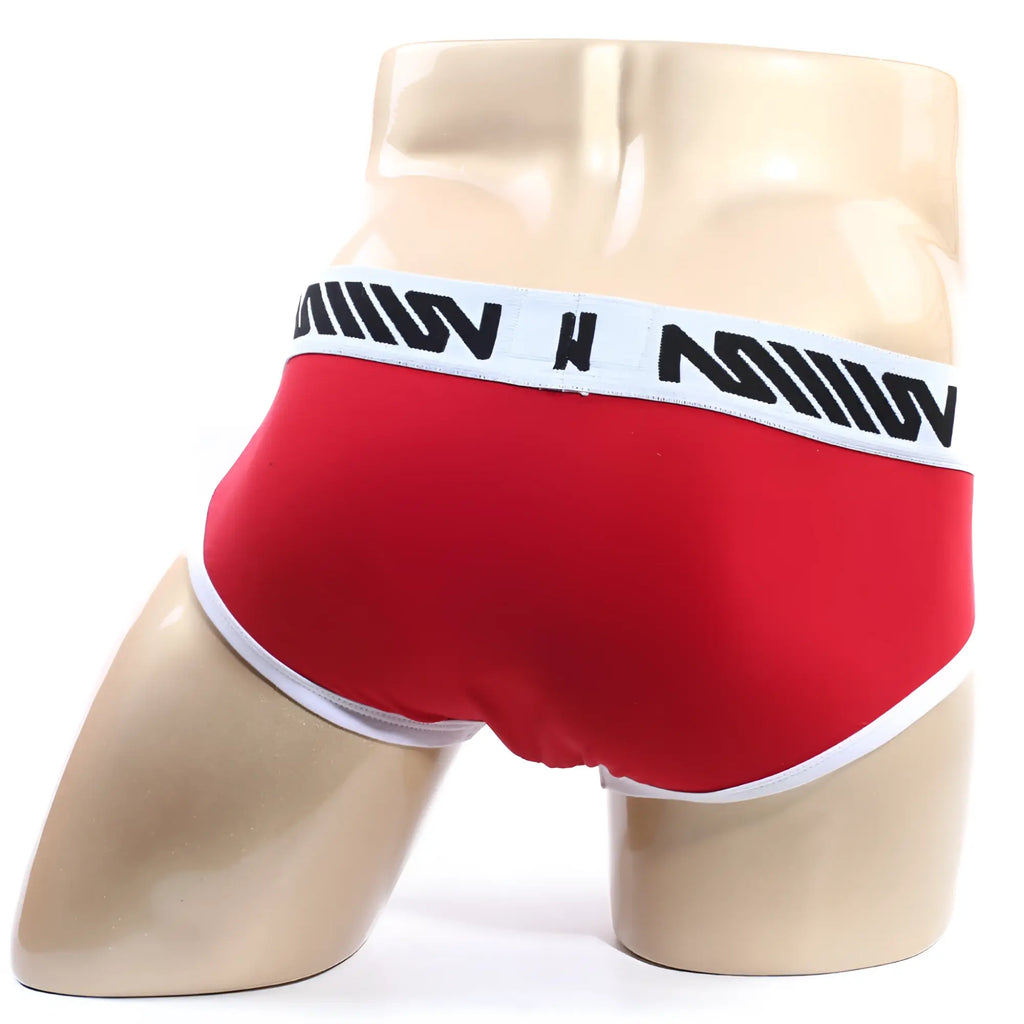 MetroMalewear sistonia hip brief red mens briefs with white trim and black logo elastic waistband
