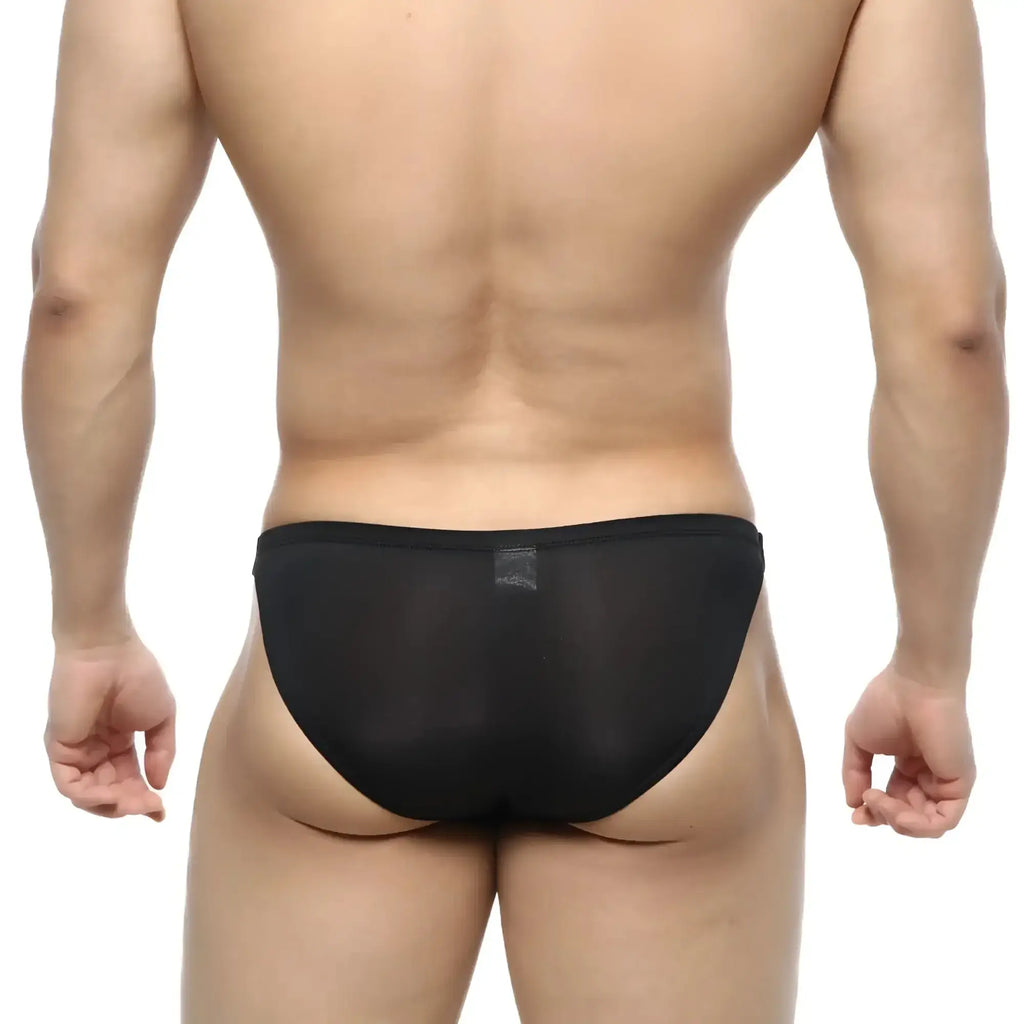 Metro male wear slim bikini black sheer mesh briefs with subtle brand tag at waistband front view