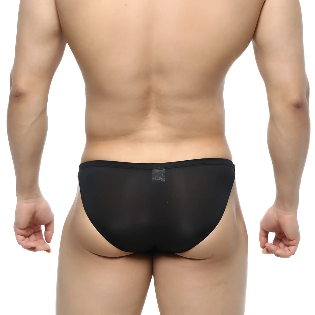 Metro male wear slim bikini black sheer mesh briefs with subtle brand tag at waistband front view