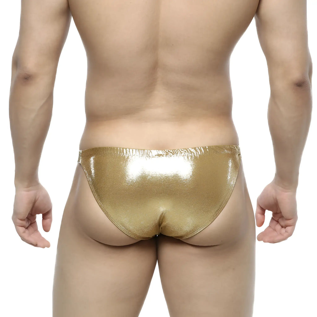 MetroMaleWear slim bikini briefs in shiny gold metallic fabric designed for a stylish and luxurious look