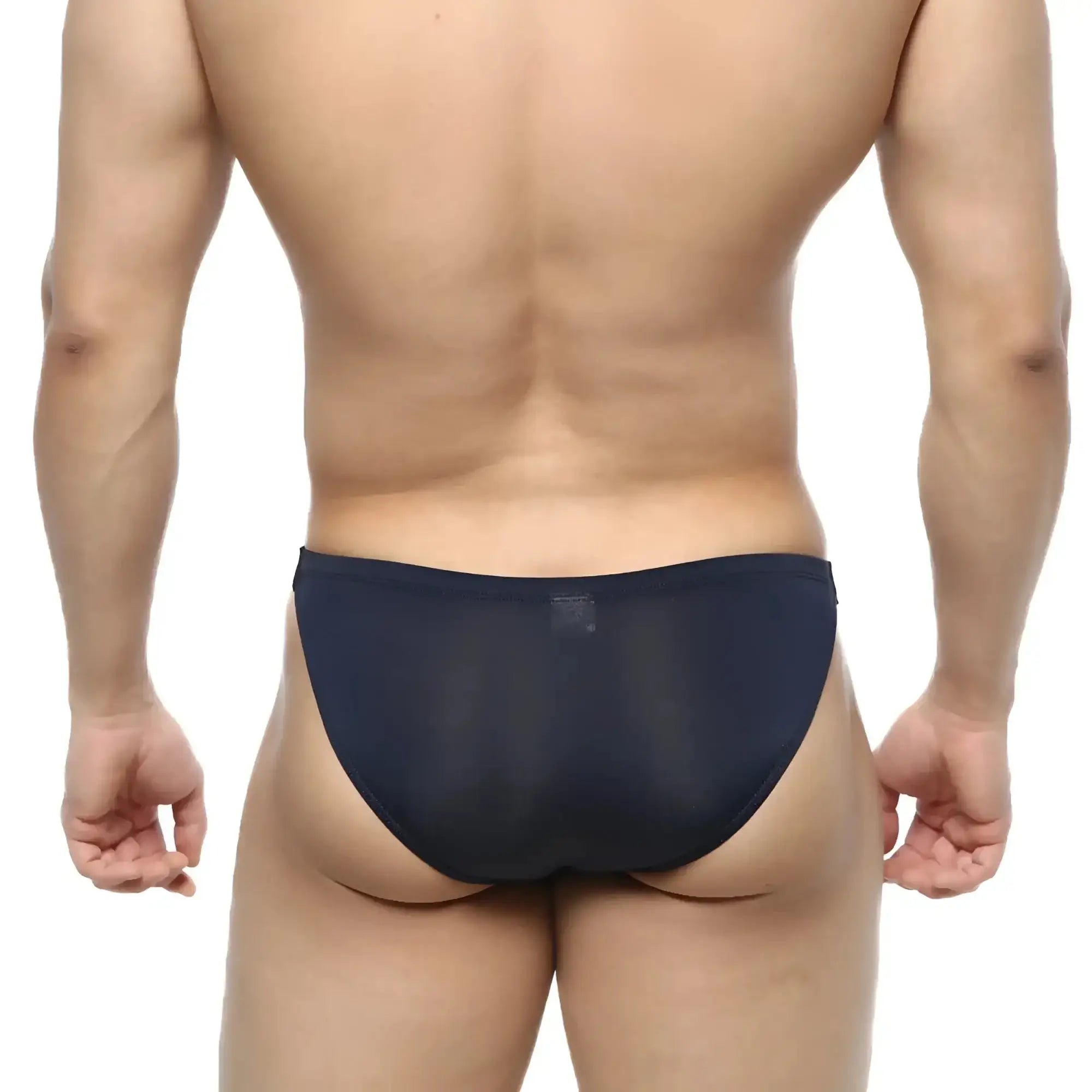 Navymale slim bikini briefs in navy blue sheer mesh highlighting the front design and lightweight material