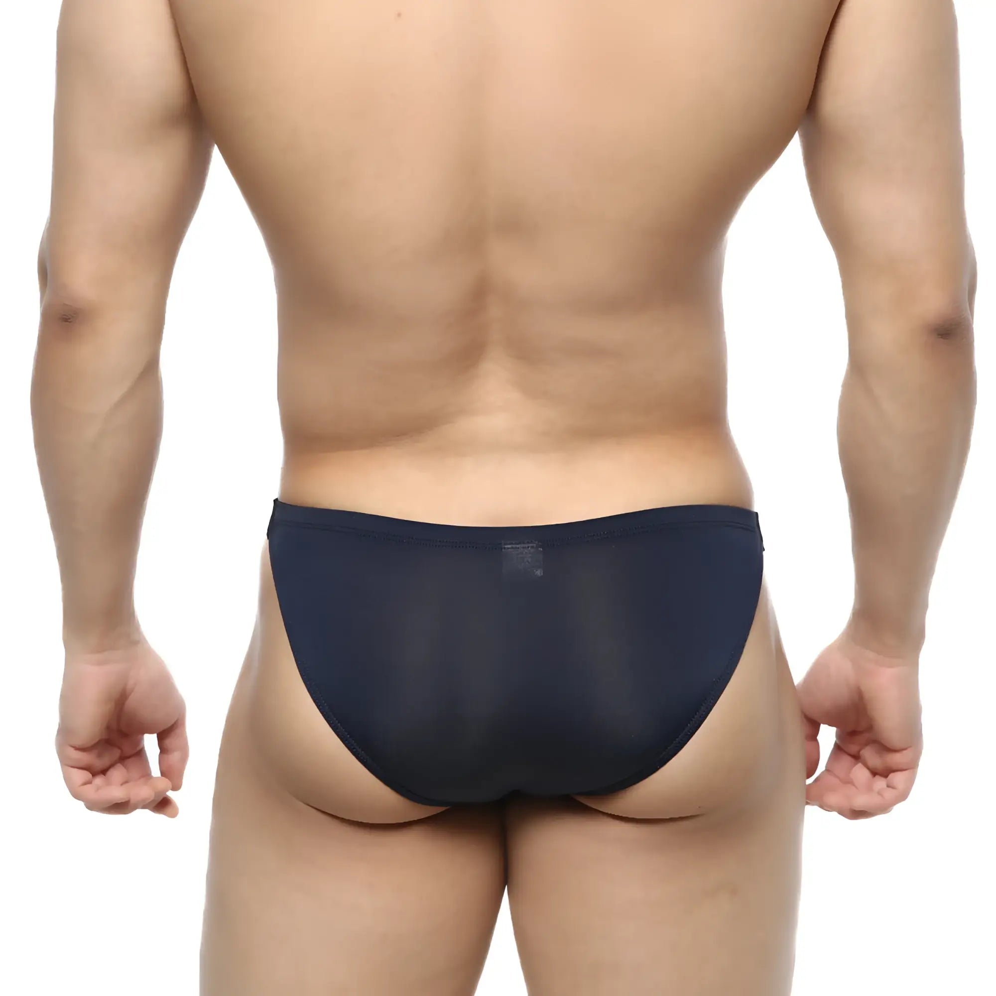 Navymale slim bikini briefs in navy blue sheer mesh highlighting the front design and lightweight material