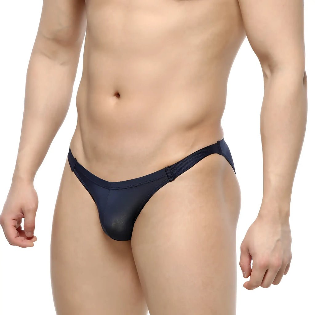 Navy blue sheer mesh thong with solid fabric waistband from MetroMaleWear slim bikini 3604-28 showing front side